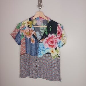Anthropologie RAGA‎ Floral Patchwork Short Sleeve Button Women's Blouse Size S